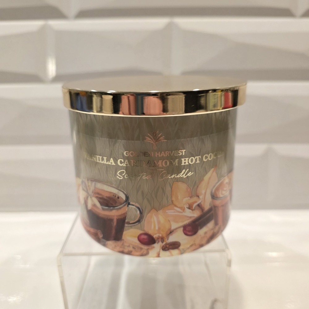 Vanilla Cardamom Hot Cocoa 3-Wick 14oz Candle by Susan Jacobs. Golden Harvest